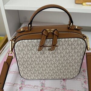 Michael Kors Beige/ Brown Signature Monogram Crossbody Top-Handle Bag